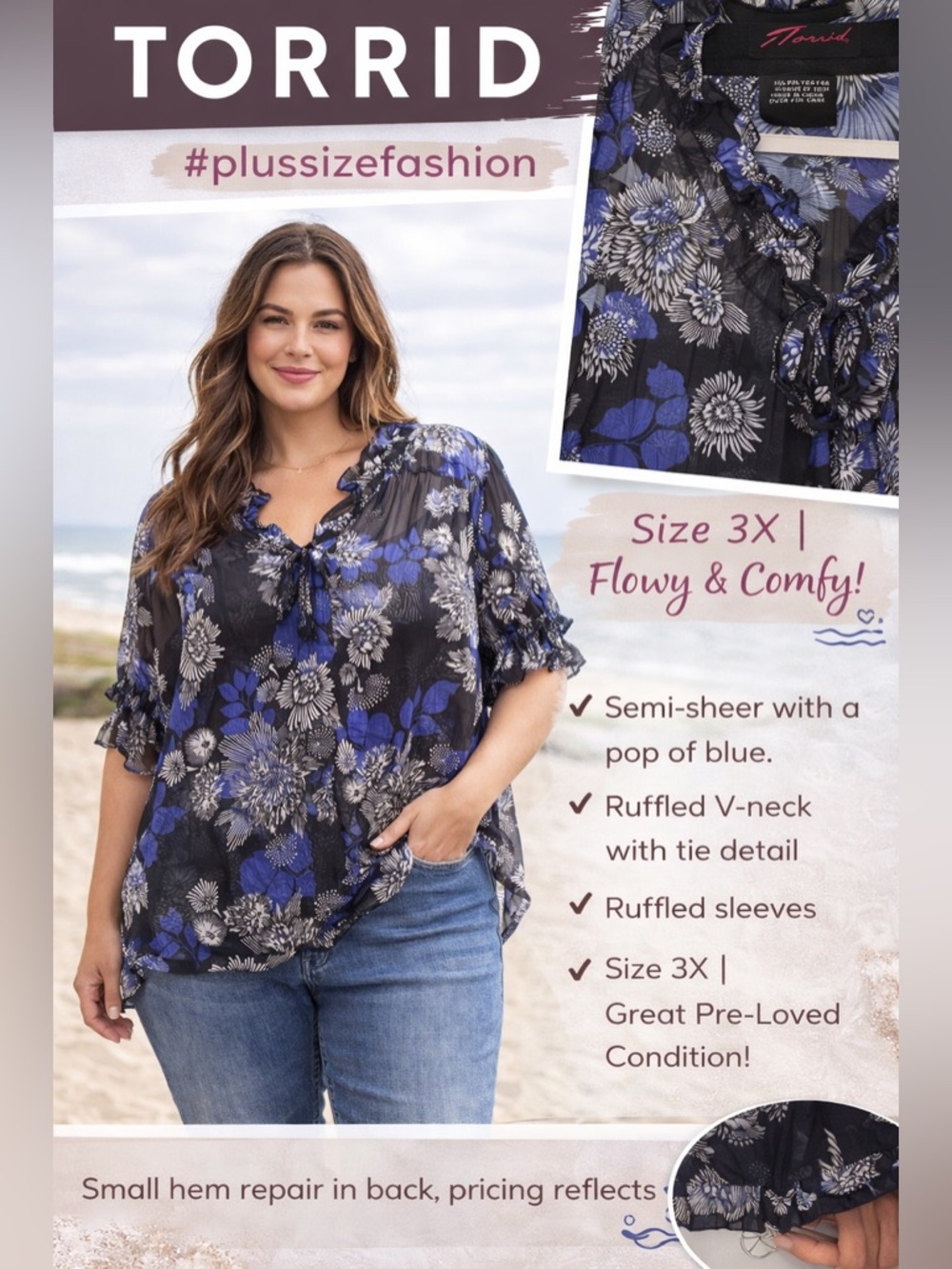 torrid Black Floral Ruffled V-Neck Blouse with Blue Flowers